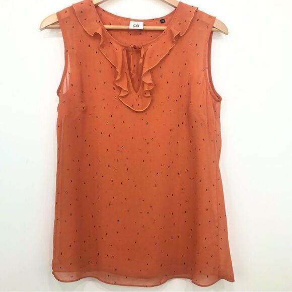 Cabi #3764 Sprinkle Top Orange Sleeveless Ruffle with Speckle Print - Picture 6 of 16